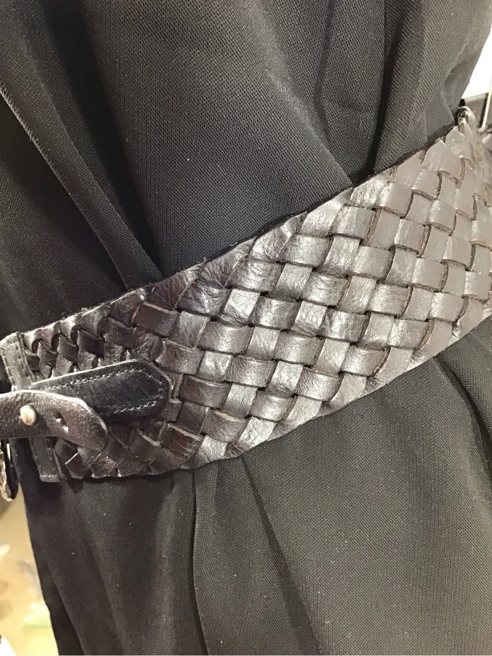 Vintage Y2K wide black leather woven hip belt silver ring buckle
